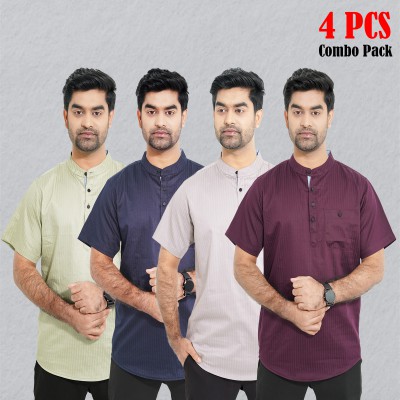 4 pcs Combo Stripe Cotton Fabrics Katua - Lemon, Nevy Blue, Light Ash & Purple.