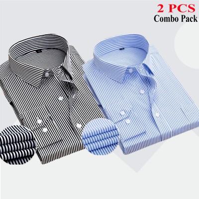 2 Pcs Combo Premium Quality Formal Shirt - Black Stripe & Sky Blue Stripe.