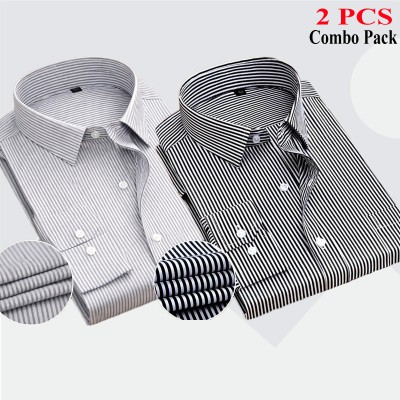 2 Pcs Combo Premium Quality Formal Shirt - Black Stripe & Ash Stripe.