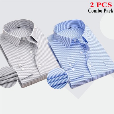 2 Pcs Combo Premium Quality Formal Shirt - Sky Blue Stripe & Ash Stripe.