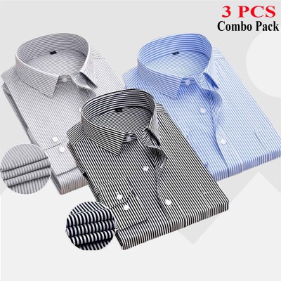 3 Pcs Combo Premium Quality Formal Shirt - Black Stripe, Ash Stripe & Sky Blue Stripe.