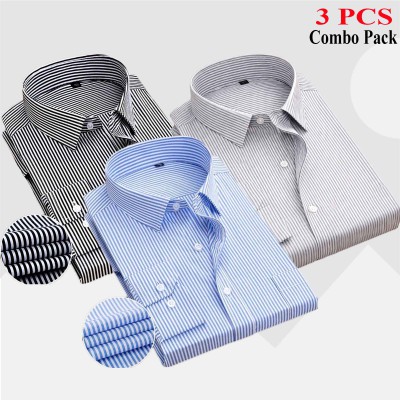 3 Pcs Combo Premium Quality Formal Shirt - Black Stripe, Ash Stripe & Sky Blue Stripe.