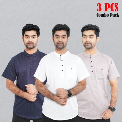 3 pcs Combo Stripe Cotton Fabrics Katua - White, Light Ash & Navy Blue.