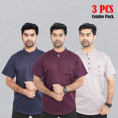 3 pcs Combo Stripe Cotton Fabrics Katua - Purple, Light Ash & Navy Blue.