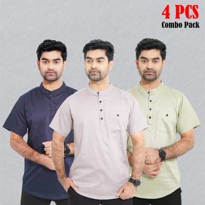 3 pcs Combo Stripe Cotton Fabrics Katua - Light Lemon, Light Ash & Navy Blue.