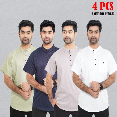 4 pcs Combo Stripe Cotton Fabrics Katua - White, Light Lemon, Light Ash & Navy Blue.