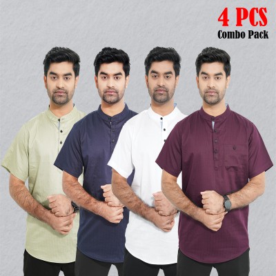 4 pcs Combo Stripe Cotton Fabrics Katua - White, Purple, Light Lemon & Navy Blue.