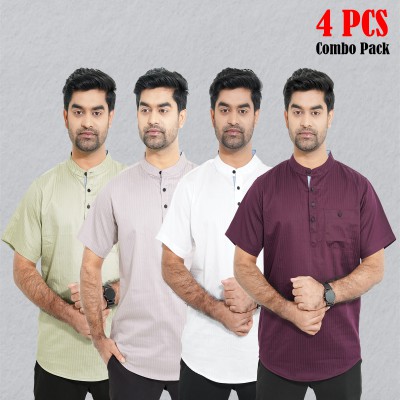 4 pcs Combo Stripe Cotton Fabrics Katua - White, Purple, Light Lemon & Light Ash.