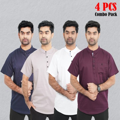 4 pcs Combo Stripe Cotton Fabrics Katua - White, Purple, Light Ash & Navy Blue.