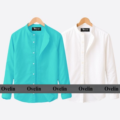 2 pcs Combo Ban Colar Full Sleeve Shirt - White & Pest.