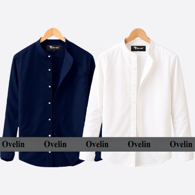 2 pcs Combo Ban Colar Full Sleeve Shirt - White & Navy Blue.