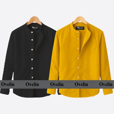 2 pcs Combo Ban Colar Full Sleeve Shirt - Black & Kathali.