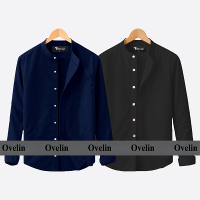 2 pcs Combo Ban Colar Full Sleeve Shirt - Black & Navy Blue.