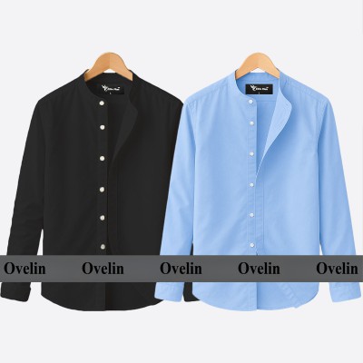2 pcs Combo Ban Colar Full Sleeve Shirt - Black & Sky Blue.