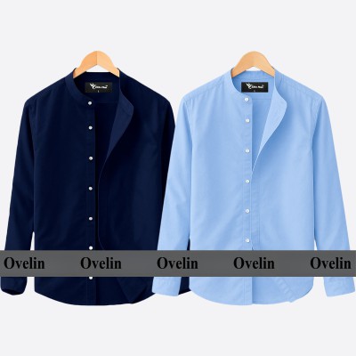 2 pcs Combo Ban Colar Full Sleeve Shirt - Sky Blue & Navy Blue.