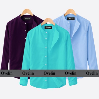3 pcs Combo Ban Colar Full Sleeve Shirt - Pest, Purple & Sky Blue.