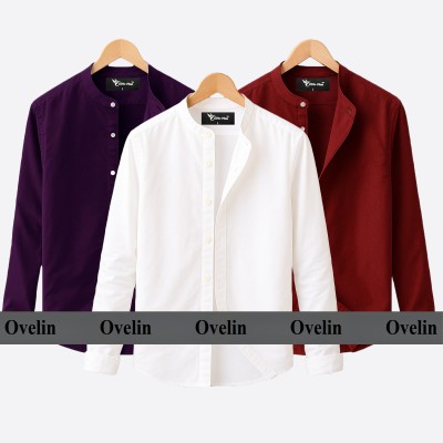 3 pcs Combo Ban Colar Full Sleeve Shirt - White, Purple & Maroon.