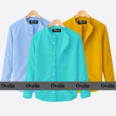 3 pcs Combo Ban Colar Full Sleeve Shirt - Pest, Kathali & Sky Blue.
