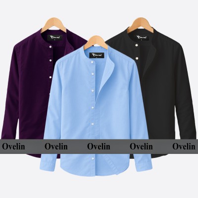 3 pcs Combo Ban Colar Full Sleeve Shirt - Black, Purple & Sky Blue.