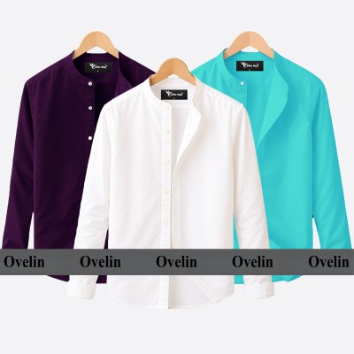 3 pcs Combo Ban Colar Full Sleeve Shirt - White, Pest & Purple.