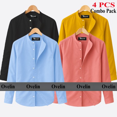 4 pcs Combo Ban Colar Full Sleeve Shirt - Black, Pink, Kathali & Sky Blue.