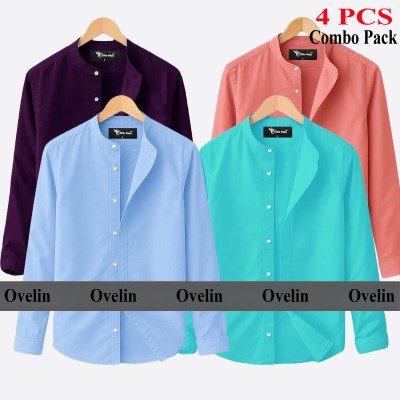 4 pcs Combo Ban Colar Full Sleeve Shirt - Pink, Pest, Purple & Sky Blue.