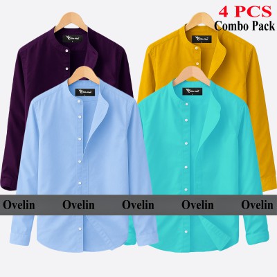 4 pcs Combo Ban Colar Full Sleeve Shirt - Pest, Purple, Kathali & Sky Blue.