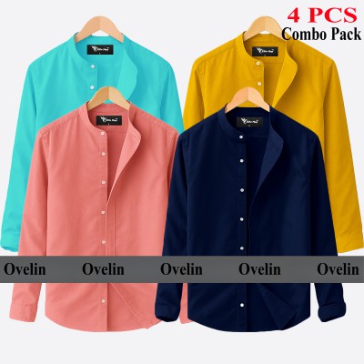 4 pcs Combo Ban Colar Full Sleeve Shirt - Pink, Pest, Kathali & Navy Blue.