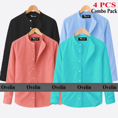 4 pcs Combo Ban Colar Full Sleeve Shirt - Black, Pink, Pest & Sky Blue.