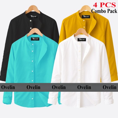 4 pcs Combo Ban Colar Full Sleeve Shirt - Black, White, Pest & Kathali.
