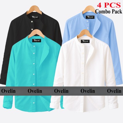 4 pcs Combo Ban Colar Full Sleeve Shirt - Black, White, Pest & Sky Blue.