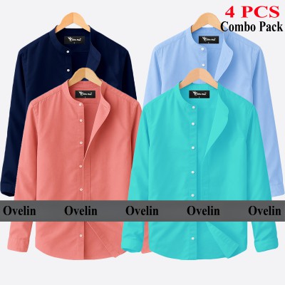 4 pcs Combo Ban Colar Full Sleeve Shirt - Pink, Pest, Sky Blue, Navy Blue.