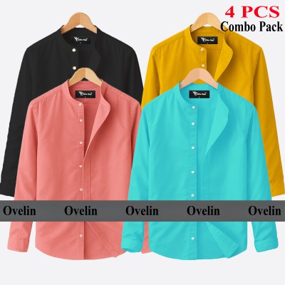 4 pcs Combo Ban Colar Full Sleeve Shirt - Black, Pink, Pest & Kathali.