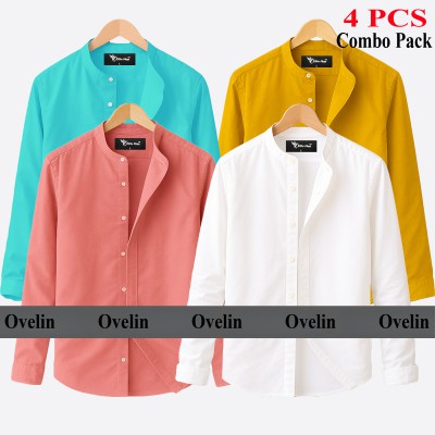 4 pcs Combo Ban Colar Full Sleeve Shirt - White, Pink, Pest & Kathali.