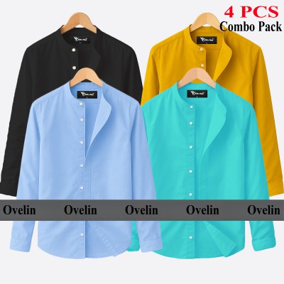 4 pcs Combo Ban Colar Full Sleeve Shirt - Black, Pest, Kathali & Sky Blue.