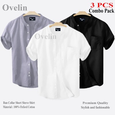 3 pcs Combo Ban Colar Short Sleeve Shirt - Black, White & Ash.