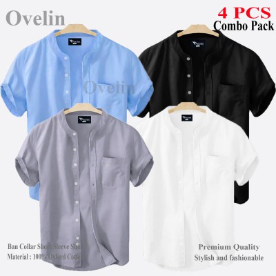 4 pcs Combo Ban Colar Short Sleeve Shirt - Black, White, Ash & Sky Blue.