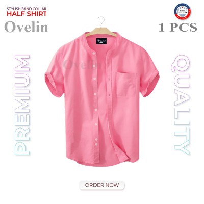 Premium Quality Ban Colar Short Sleeve Shirt - Pink.