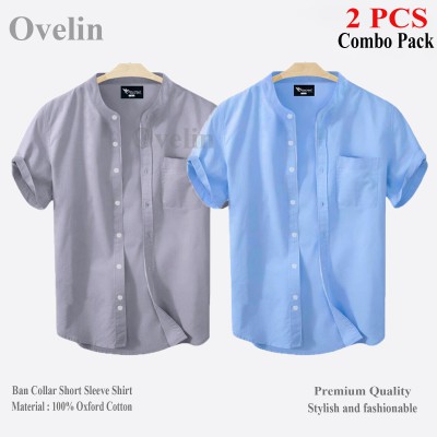 2 pcs Combo Ban Colar Short Sleeve Shirt - Ash & Sky Blue.