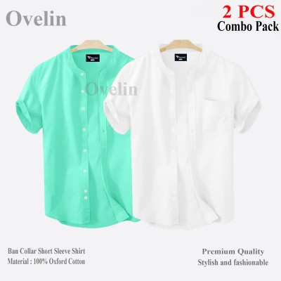 2 pcs Combo Ban Colar Short Sleeve Shirt - White & Pest.