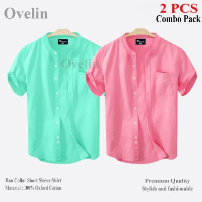 2 pcs Combo Ban Colar Short Sleeve Shirt - Pink & Pest.