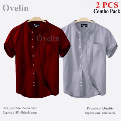 2 pcs Combo Ban Colar Short Sleeve Shirt - Ash & Maroon.