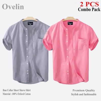 2 pcs Combo Ban Colar Short Sleeve Shirt - Ash & Pink.