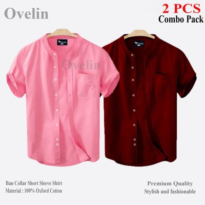 2 pcs Combo Ban Colar Short Sleeve Shirt - Pink & Maroon.