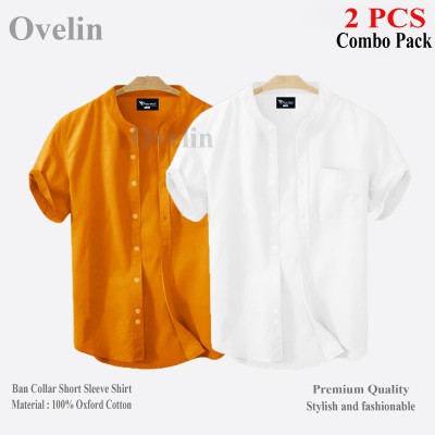 2 pcs Combo Ban Colar Short Sleeve Shirt - White & Kathali.