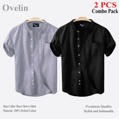 2 pcs Combo Ban Colar Short Sleeve Shirt - Black & Ash.