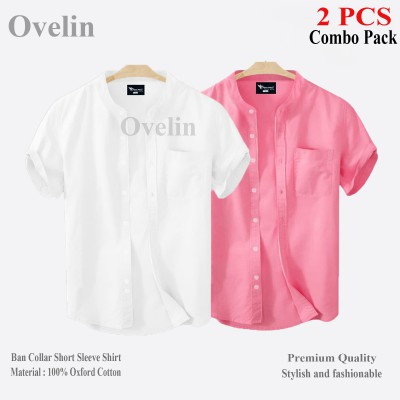2 pcs Combo Ban Colar Short Sleeve Shirt - White & Pink.