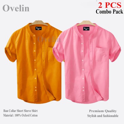 2 pcs Combo Ban Colar Short Sleeve Shirt - Pink & Kathali.