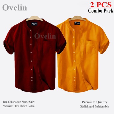 2 pcs Combo Ban Colar Short Sleeve Shirt - Kathali & Maroon.