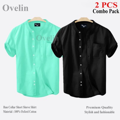 2 pcs Combo Ban Colar Short Sleeve Shirt - Black & Pest.
